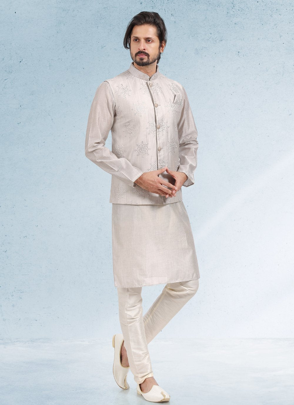 Kurta Payjama With Jacket Art Banarasi Silk Grey Thread Mens