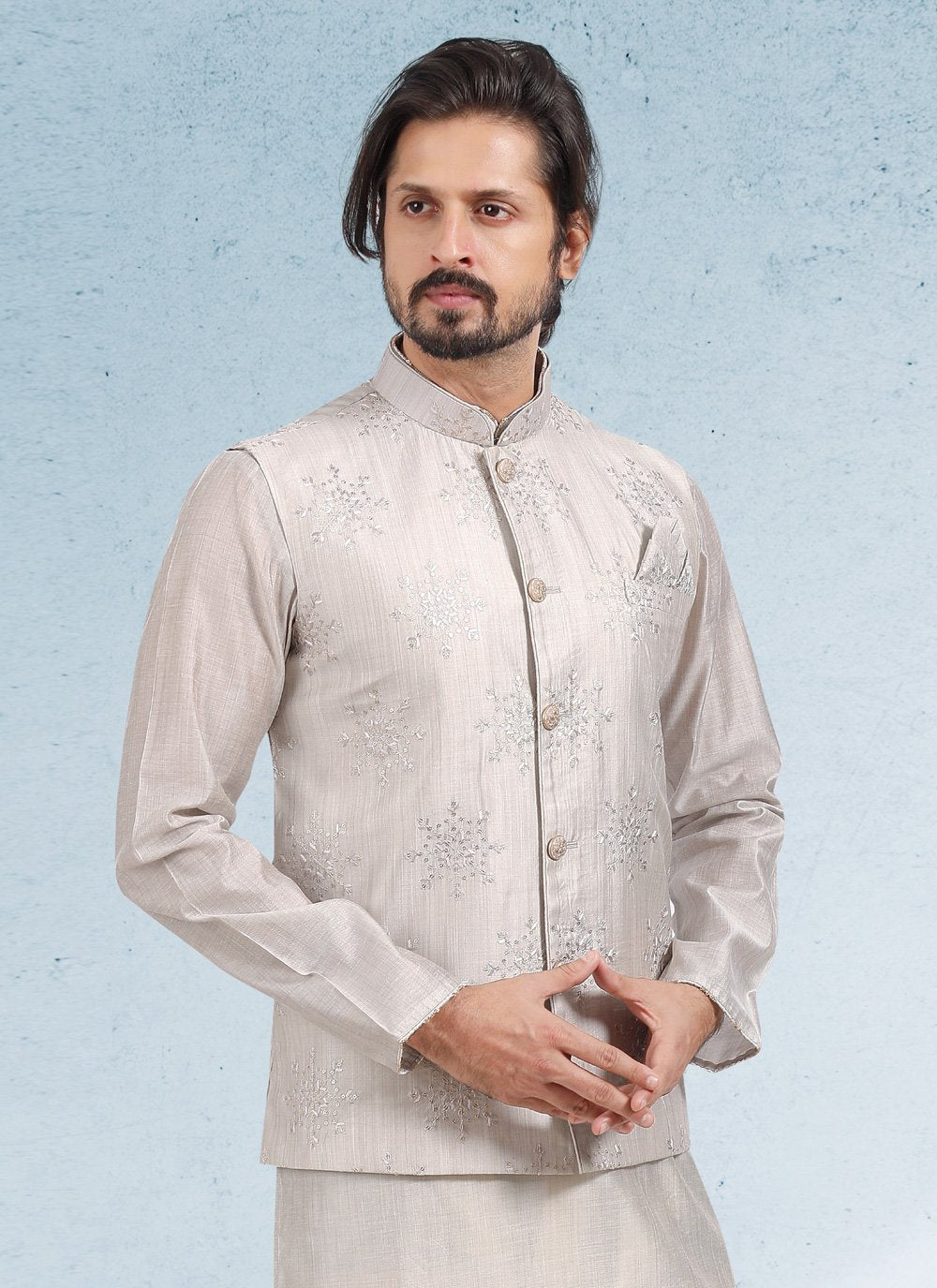 Kurta Payjama With Jacket Art Banarasi Silk Grey Thread Mens