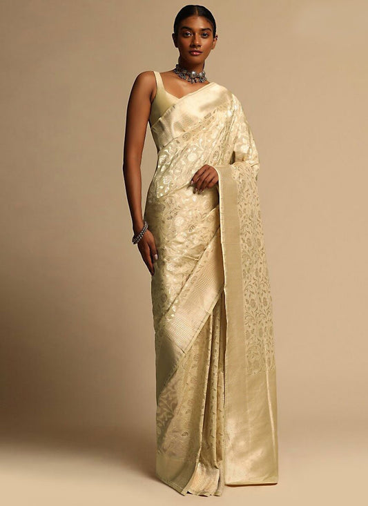 Trendy Saree Art Banarasi Silk Cream Woven Saree