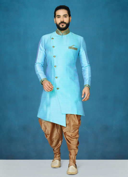 Indo Western Art Dupion Silk Aqua Blue Buttons Mens