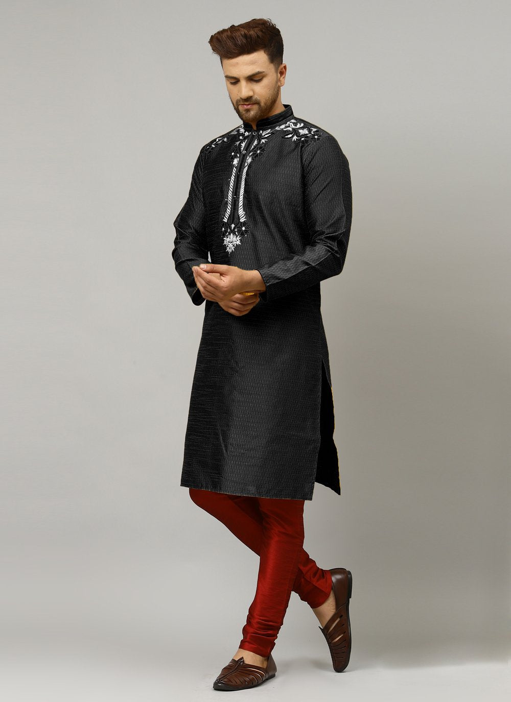 Kurta Pyjama Art Dupion Silk Black Embroidered Mens