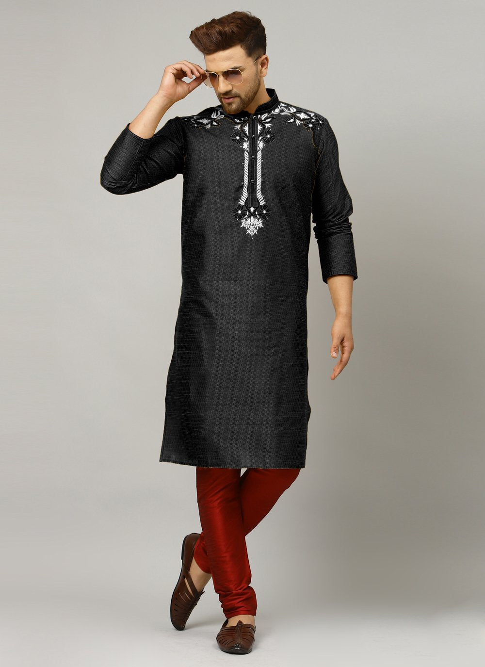 Kurta Pyjama Art Dupion Silk Black Embroidered Mens