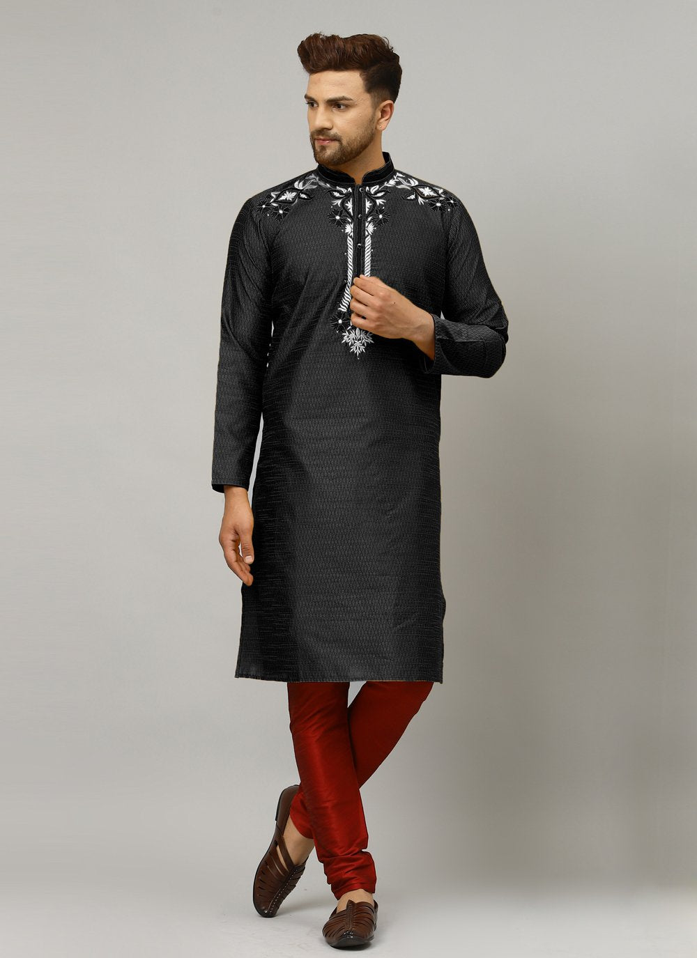 Kurta Pyjama Art Dupion Silk Black Embroidered Mens