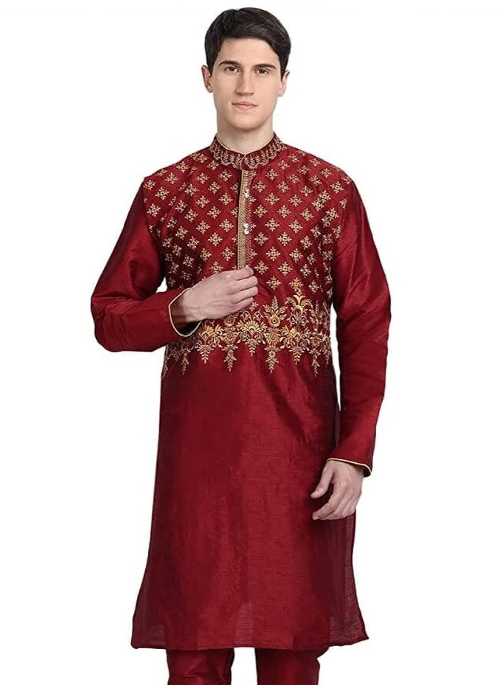 Kurta Art Dupion Silk Maroon Embroidered Mens