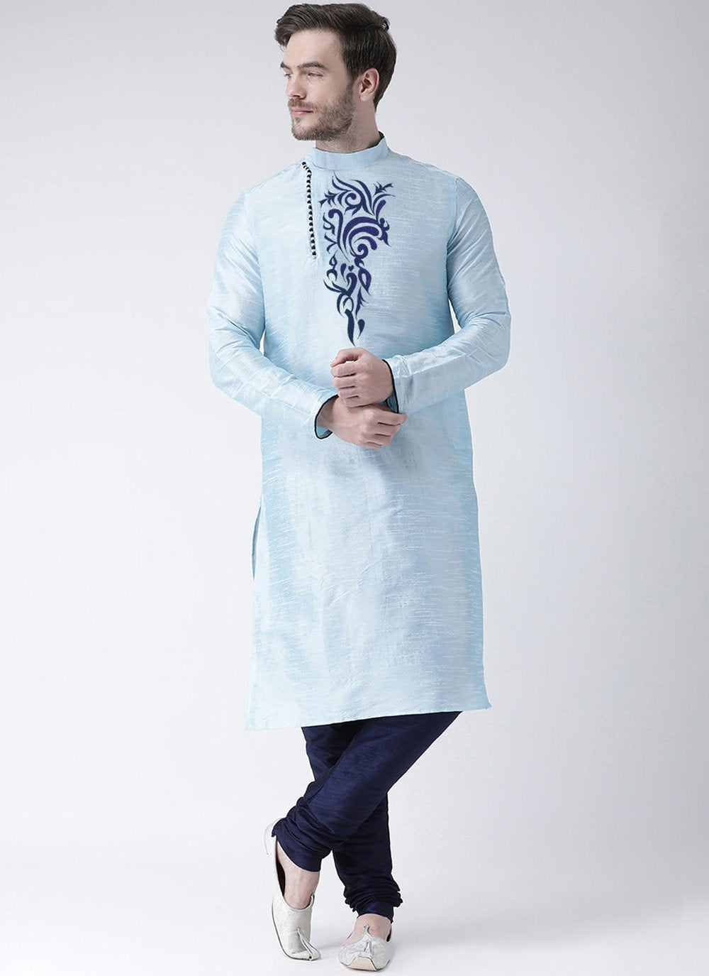 Kurta Pyjama Art Dupion Silk Aqua Blue Embroidered Mens