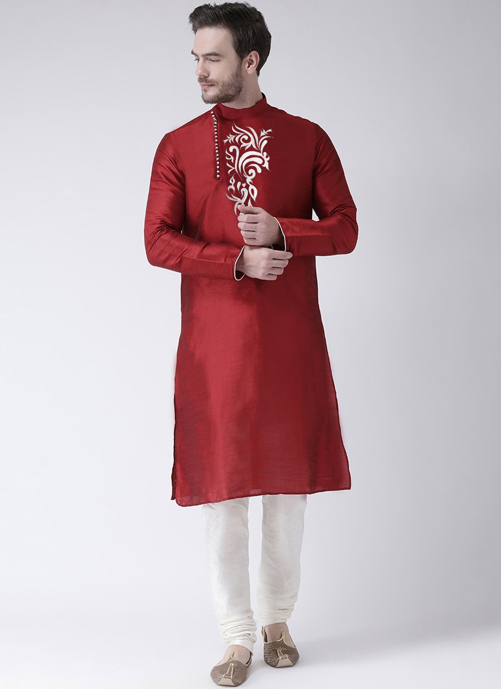 Kurta Pyjama Art Dupion Silk Maroon Embroidered Mens