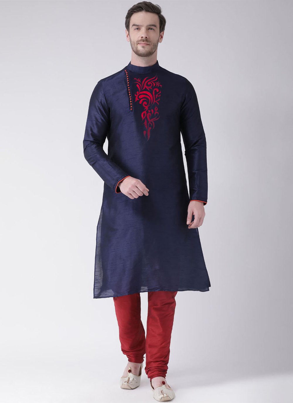 Kurta Pyjama Art Dupion Silk Blue Embroidered Mens