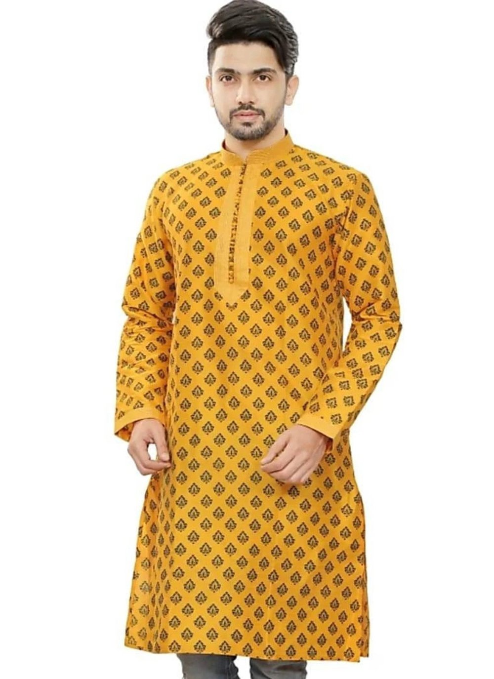 Kurta Art Dupion Silk Orange Embroidered Mens