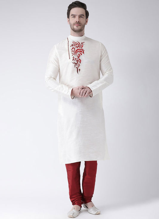 Kurta Pyjama Art Dupion Silk White Embroidered Mens