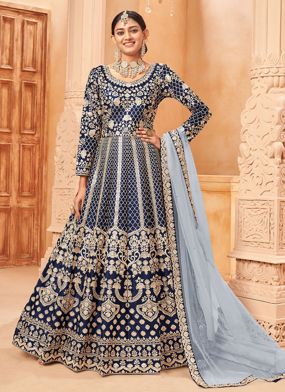 Anarkali Suit Art Silk Blue Embroidered Salwar Kameez