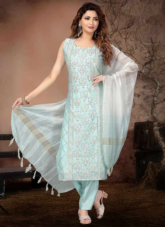 Trendy Suit Art Silk Aqua Blue Embroidered Salwar Kameez