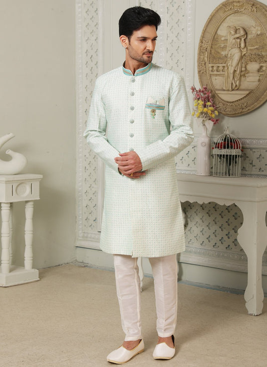 Indo Western Art Silk Aqua Blue Embroidered Mens