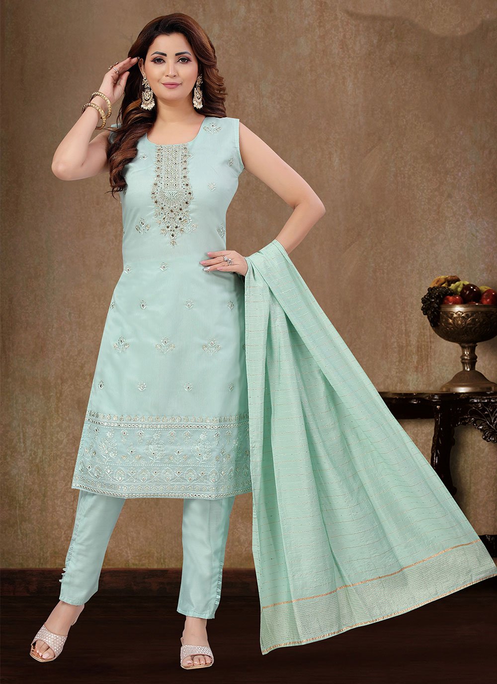 Salwar Suit Art Silk Aqua Blue Embroidered Salwar Kameez