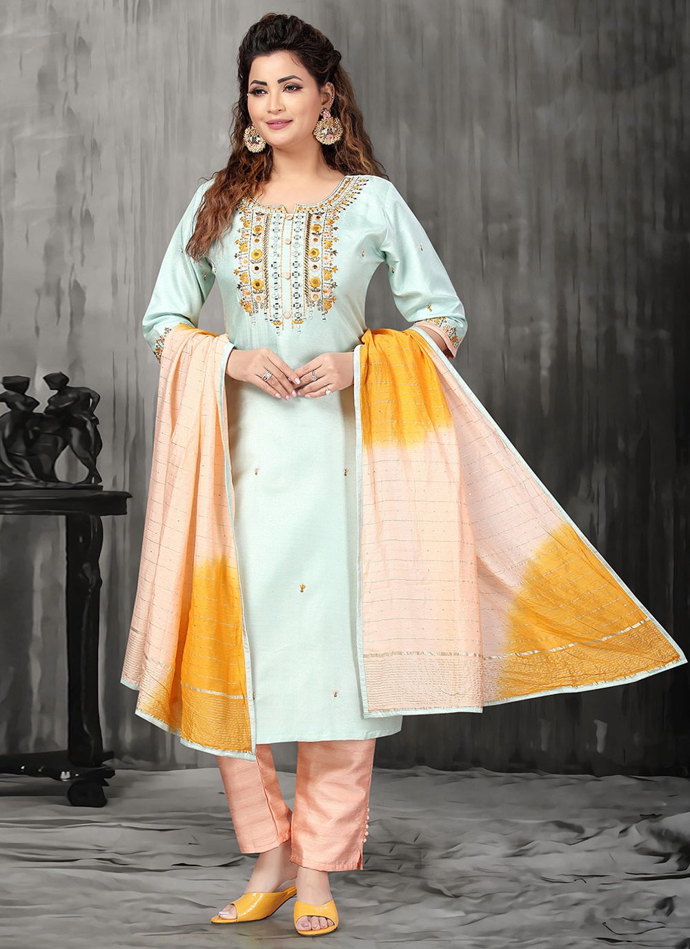 Salwar Suit Art Silk Aqua Blue Embroidered Salwar Kameez