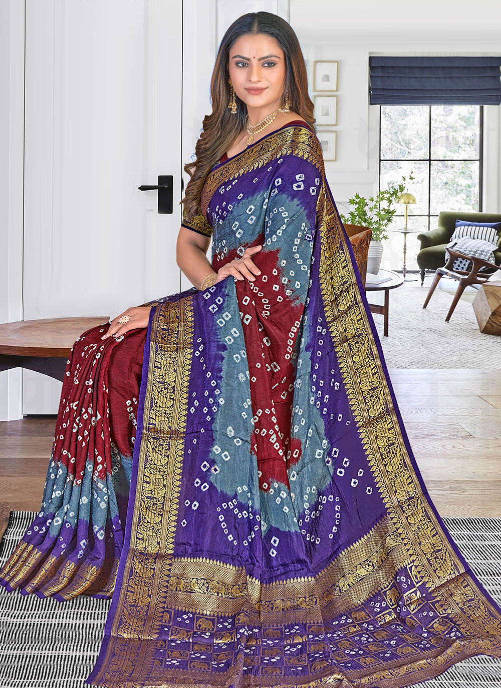 Bandhej Saree Art Silk Blue Maroon Bandhej Saree