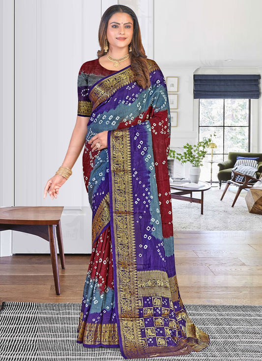 Bandhej Saree Art Silk Blue Maroon Bandhej Saree