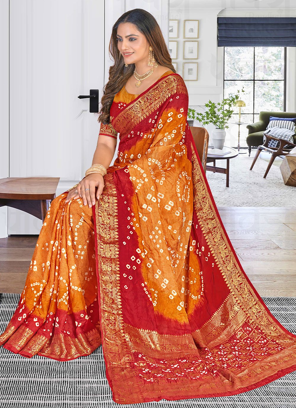 Classic Art Silk Orange Red Bandhej Saree