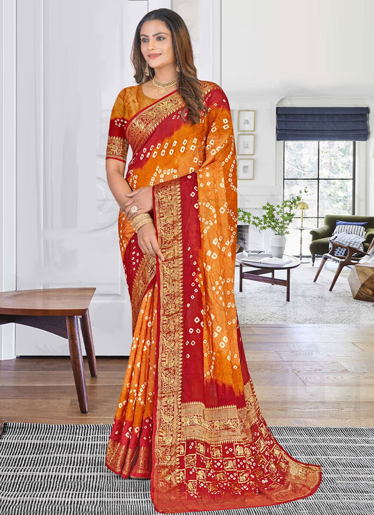 Classic Art Silk Orange Red Bandhej Saree