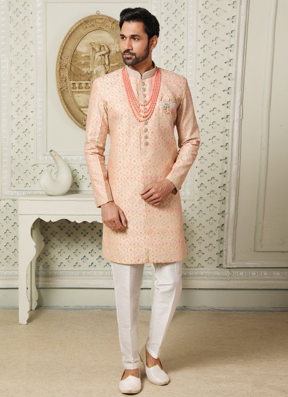 Indo Western Art Silk Beige Embroidered Mens