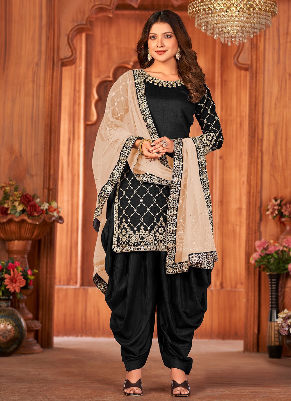 Punjabi Salwar Suit Art Silk Black Embroidered Salwar Kameez