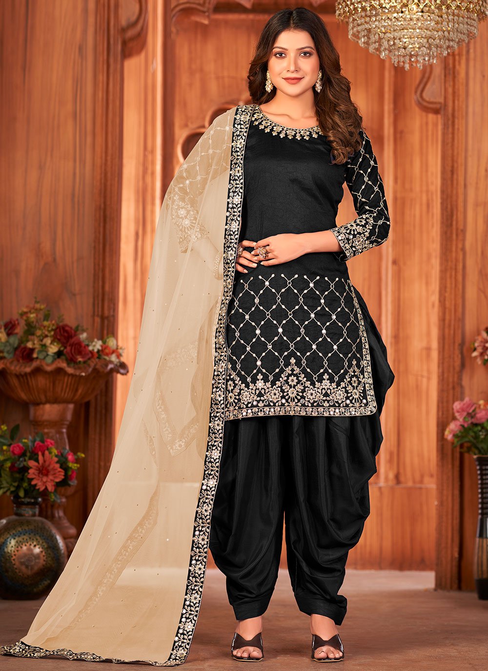 Punjabi Salwar Suit Art Silk Black Embroidered Salwar Kameez