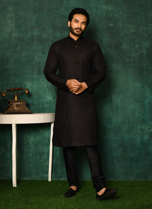 Kurta Pyjama Art Silk Black Fancy Work Mens