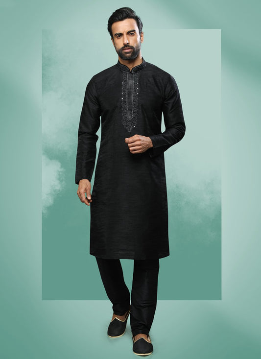 Kurta Pyjama Art Silk Black Embroidered Mens