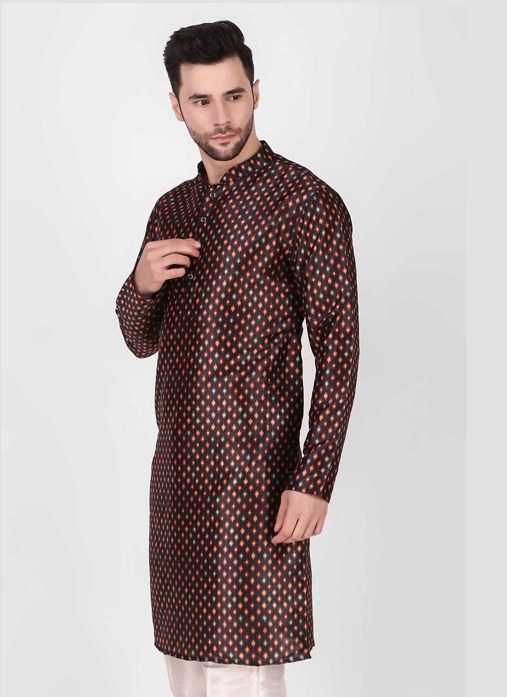 Kurta Pyjama Art Silk Black Print Mens