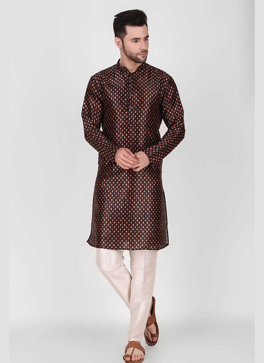 Kurta Pyjama Art Silk Black Print Mens