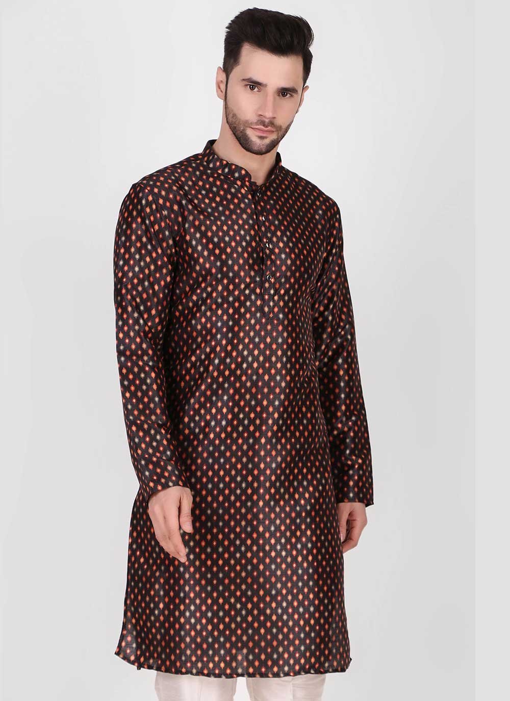 Kurta Pyjama Art Silk Black Print Mens