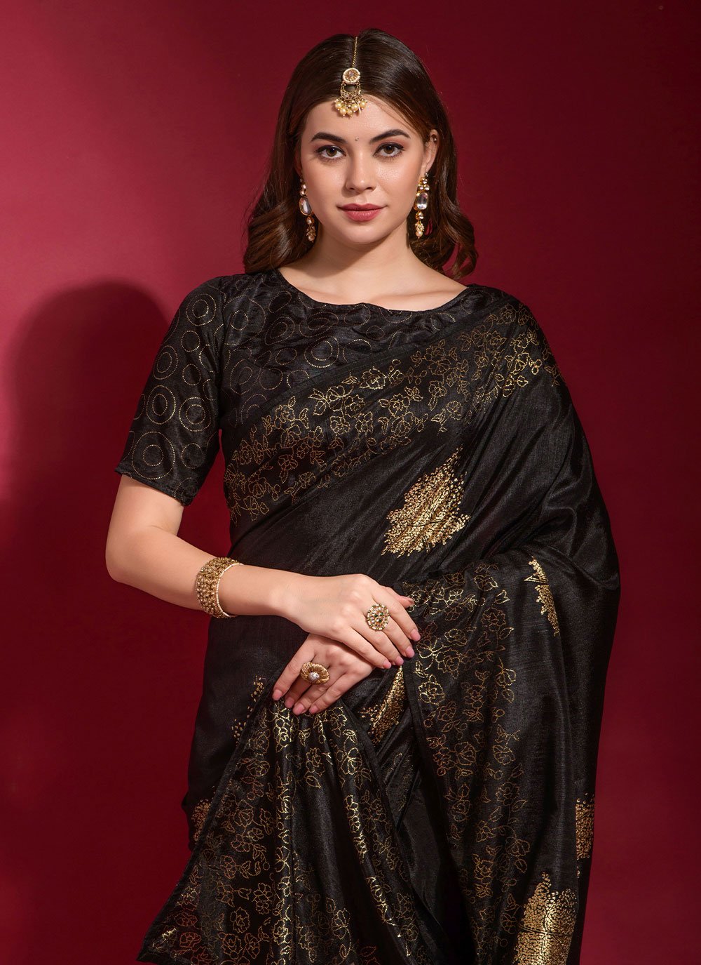 Designer Trendy Saree Art Silk Black Foil Print Saree