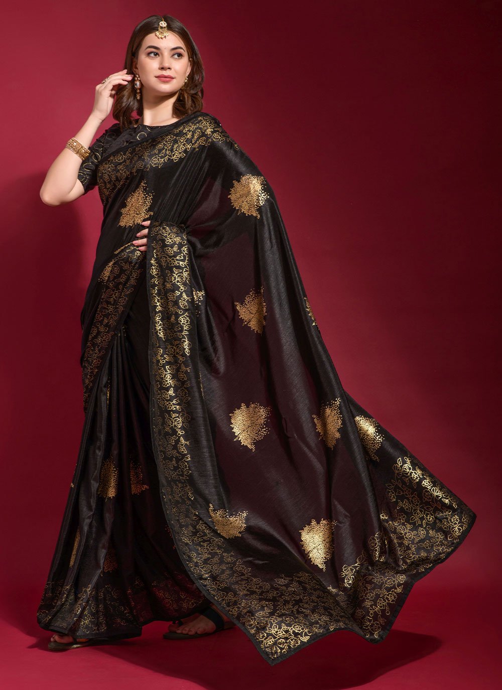 Designer Trendy Saree Art Silk Black Foil Print Saree