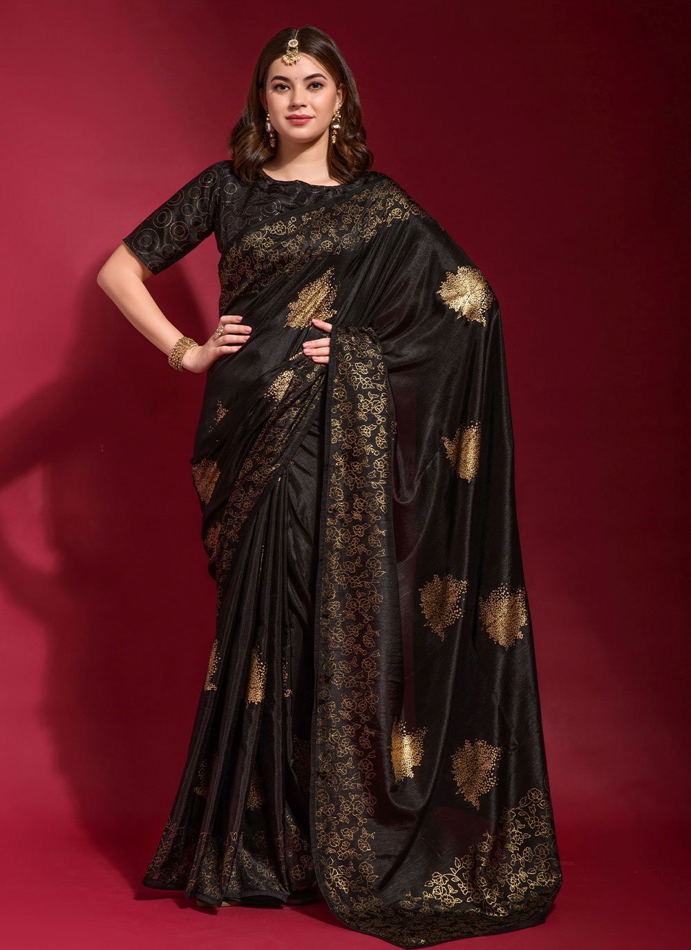 Designer Trendy Saree Art Silk Black Foil Print Saree