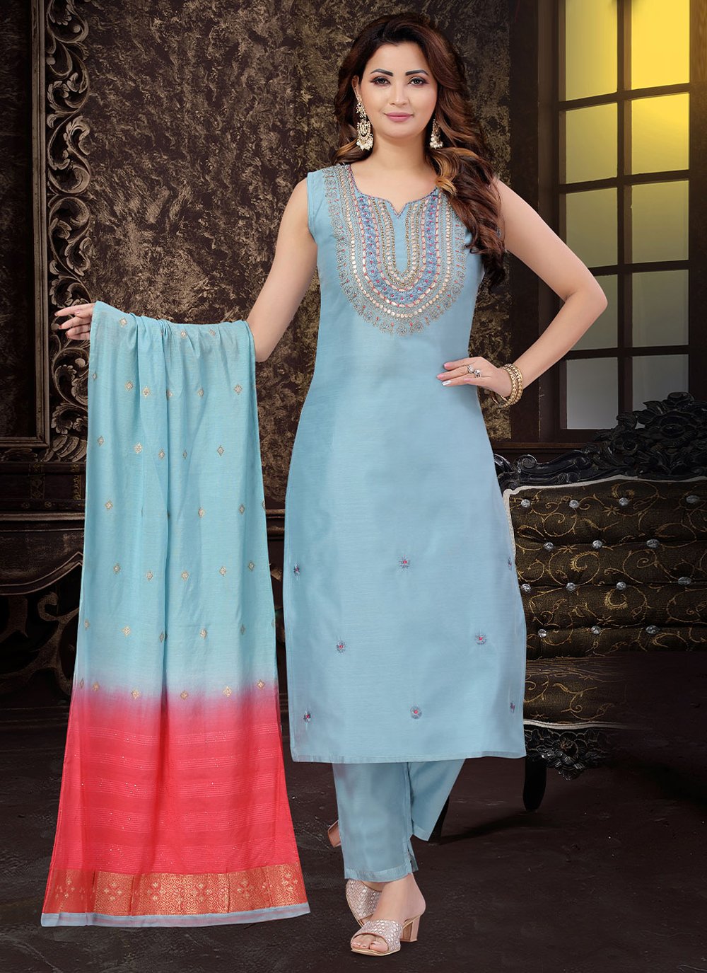 Salwar Suit Art Silk Blue Embroidered Salwar Kameez