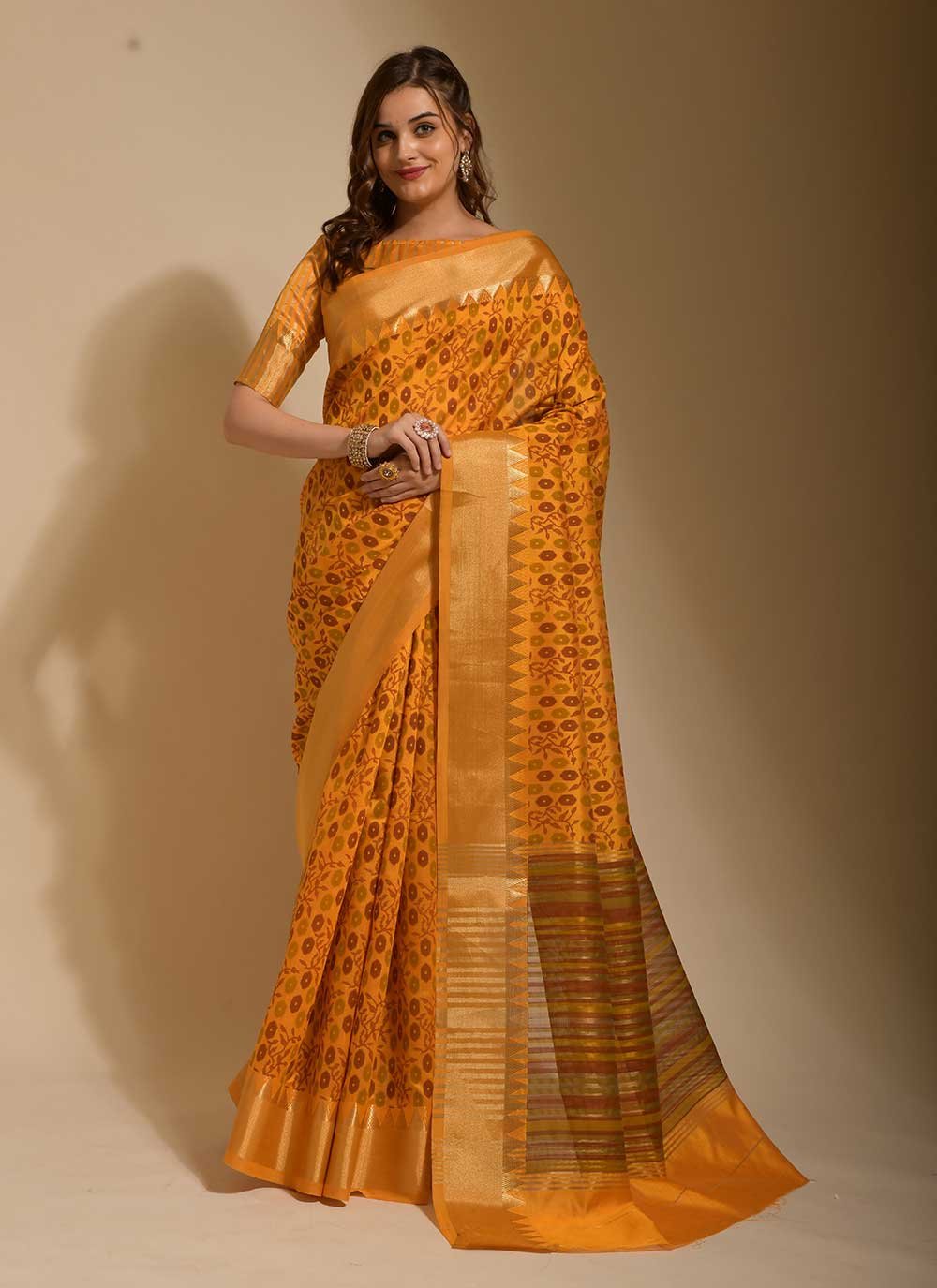 Classic Art Silk Yellow Print Saree