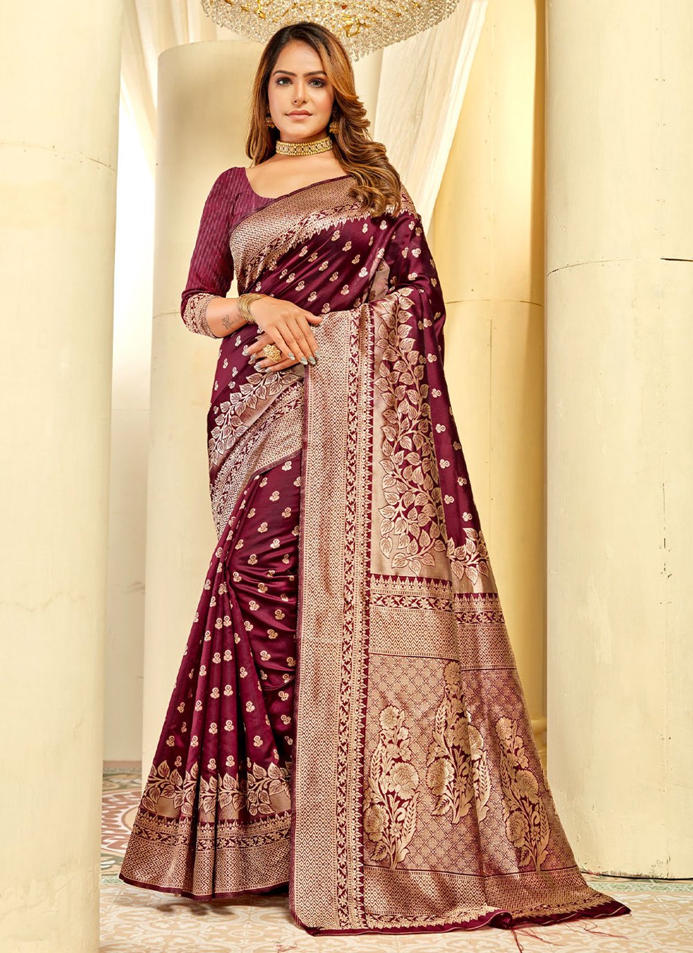 Contemporary Art Silk Wine Woven Saree