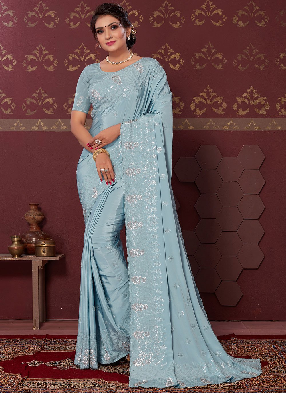 Contemporary Art Silk Aqua Blue Embroidered Saree