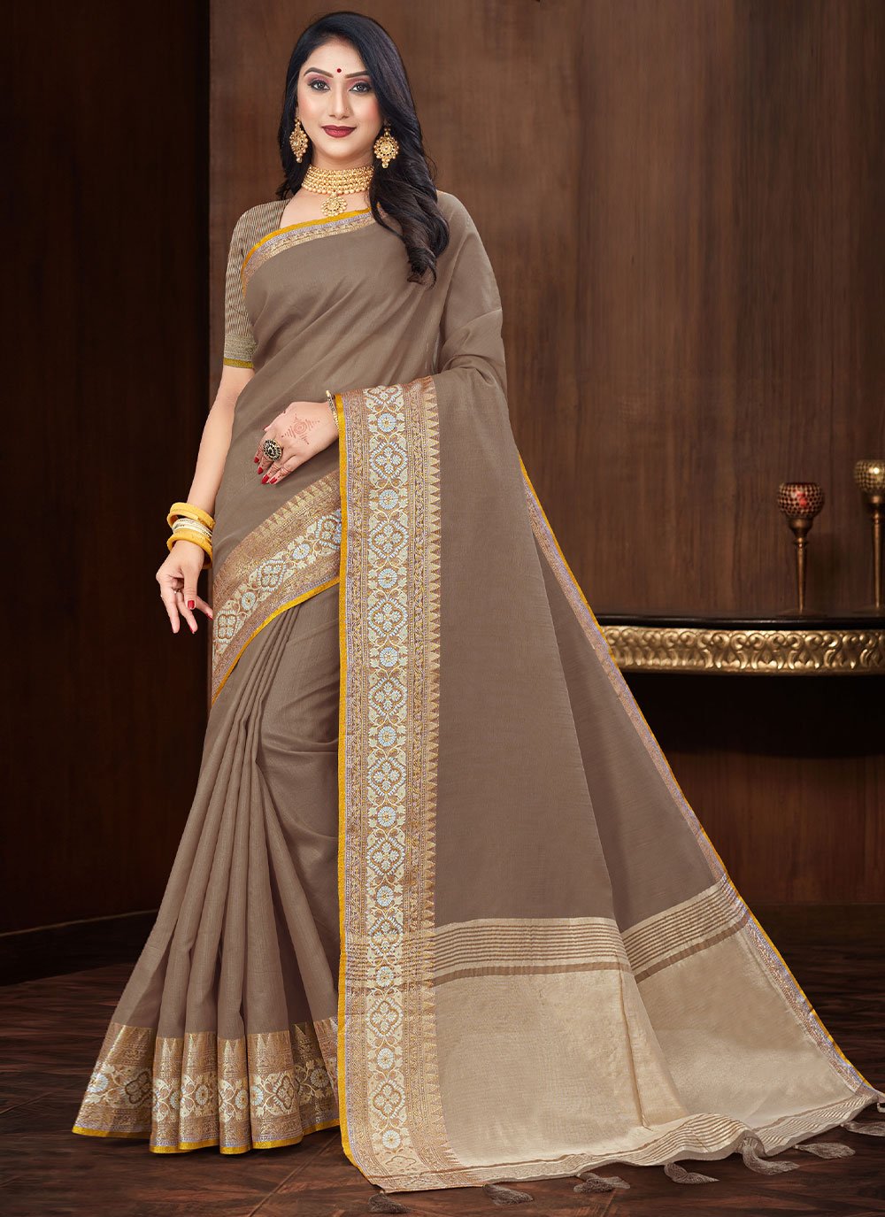 Contemporary Art Silk Brown Patch Border Saree