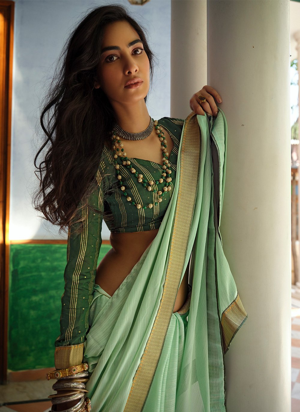 Contemporary Art Silk Sea Green Lace Saree