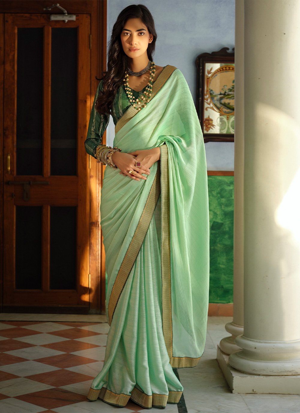 Contemporary Art Silk Sea Green Lace Saree