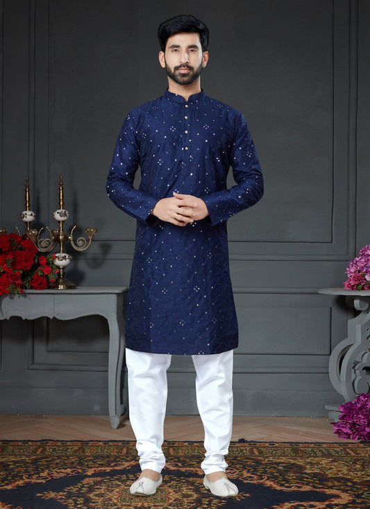 Kurta Pyjama Art Silk Cotton Blue Embroidered Mens