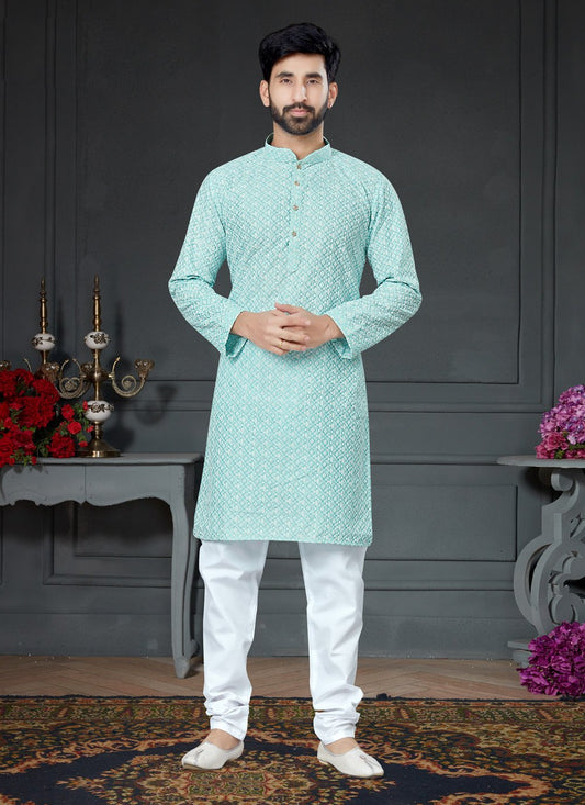 Kurta Pyjama Art Silk Cotton Sea Green Embroidered Mens