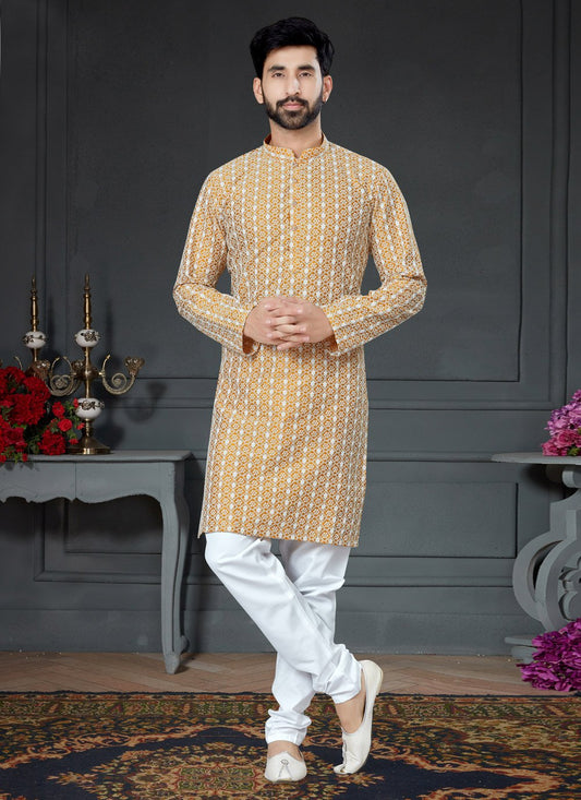 Kurta Pyjama Art Silk Cotton Orange Embroidered Mens