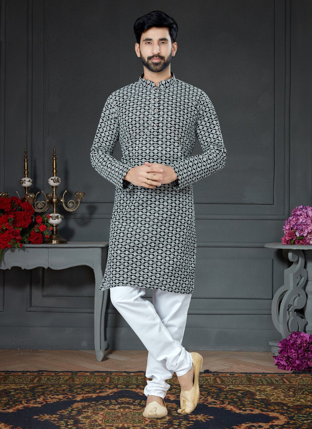 Kurta Pyjama Art Silk Cotton Black Embroidered Mens