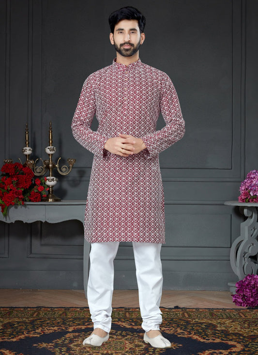 Kurta Pyjama Art Silk Cotton Maroon Embroidered Mens