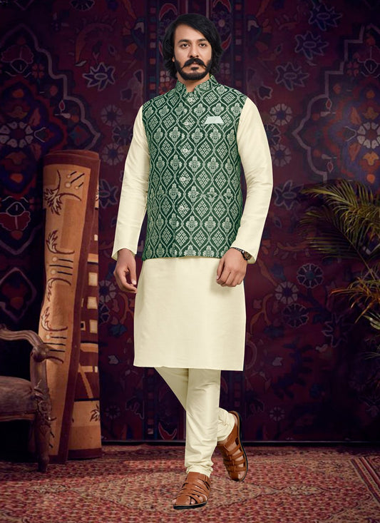 Kurta Payjama With Jacket Art Silk Jacquard Cream Green Fancy Work Mens