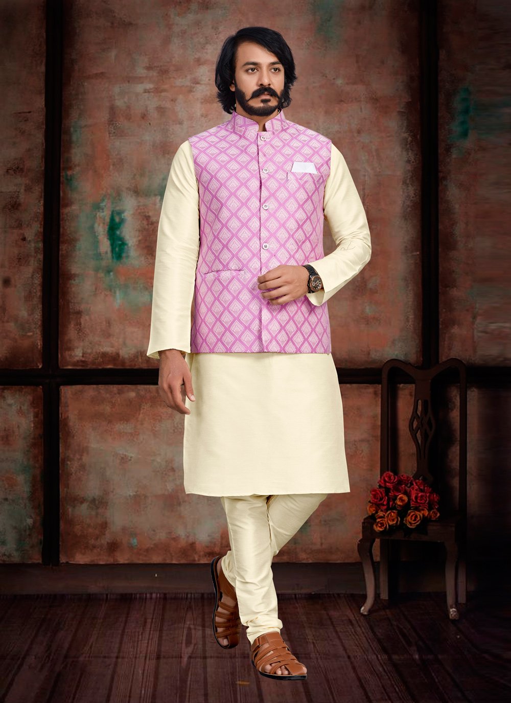 Kurta Payjama With Jacket Art Silk Jacquard Cream Pink Fancy Work Mens