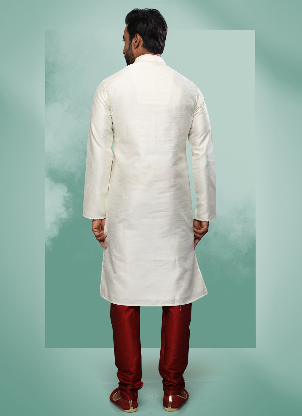 Kurta Pyjama Art Silk Cream Embroidered Mens