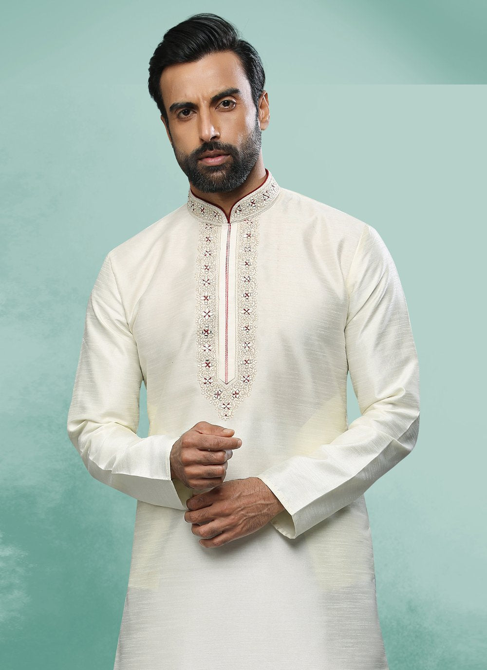 Kurta Pyjama Art Silk Cream Embroidered Mens