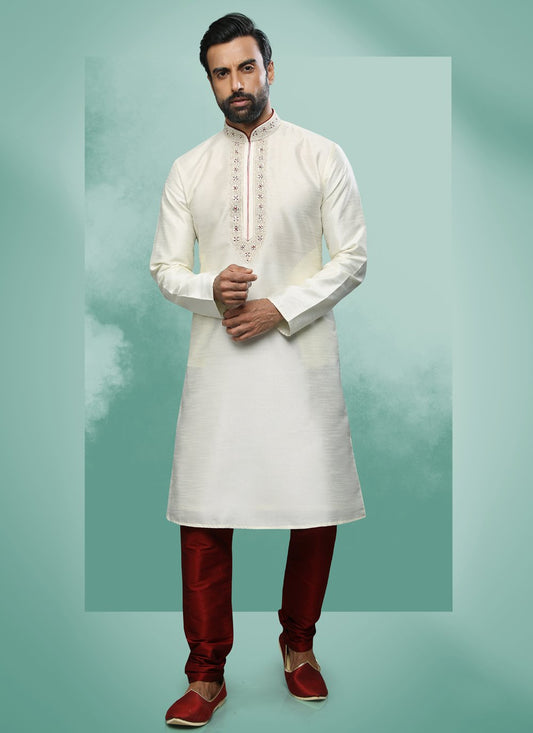 Kurta Pyjama Art Silk Cream Embroidered Mens